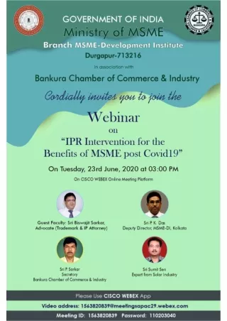 Webinar on "IPR Intervention" for the benefits of MSME post COVID19