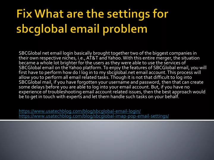 fix what are the settings for sbcglobal email problem