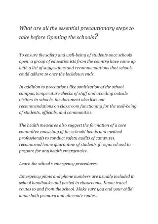What are all the essential precautionary steps to take before Opening the schools