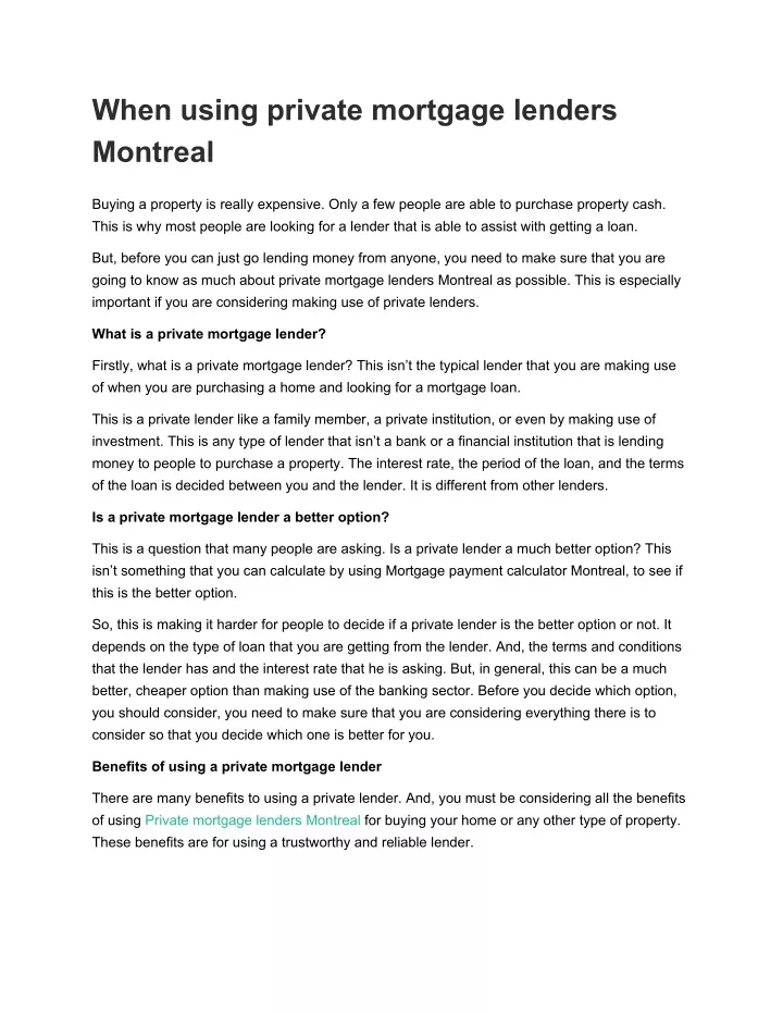 when using private mortgage lenders montreal