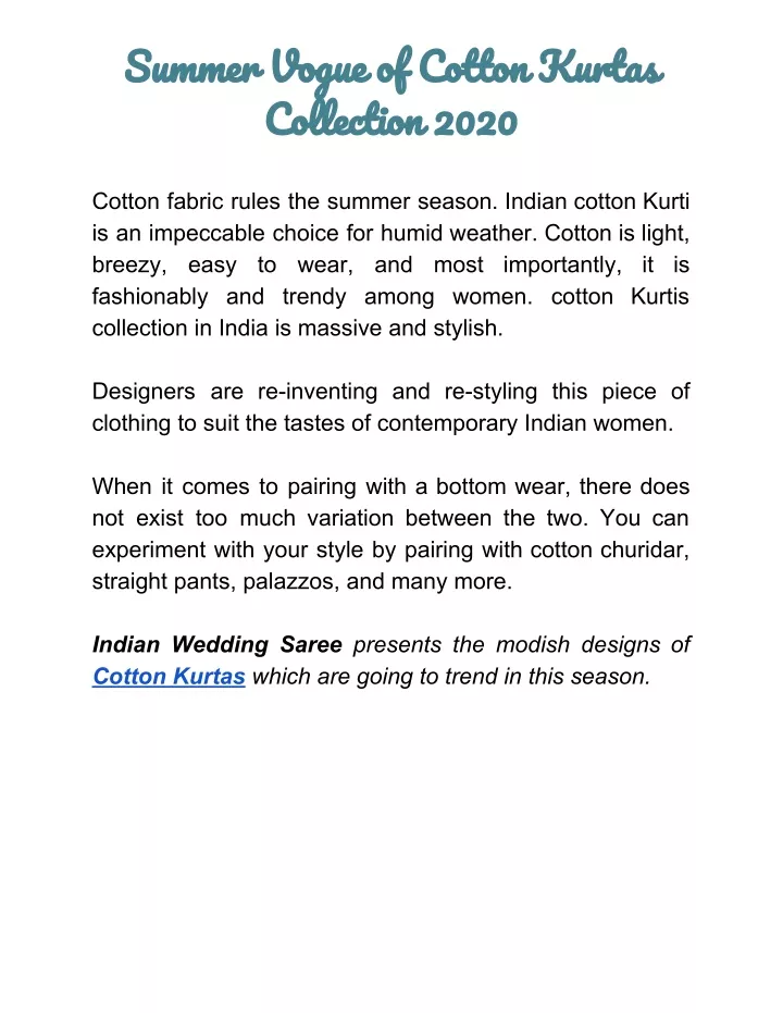 summer vogue of cotton kurtas collection 2020