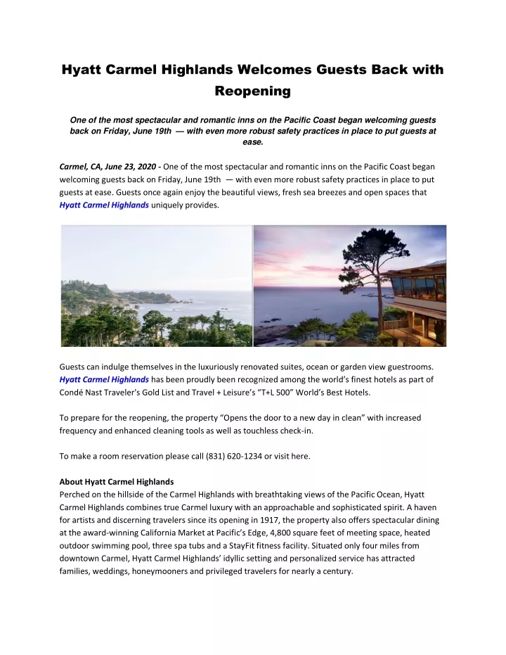 hyatt carmel highlands welcomes guests back with