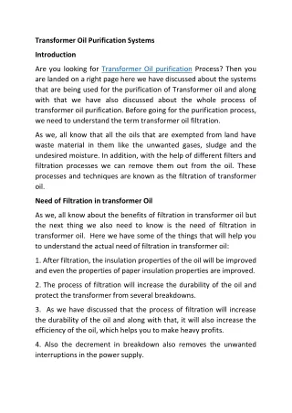 transformer oil purification systems