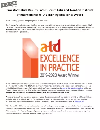 Transformative Results Earn Fulcrum Labs and Aviation Institute of Maintenance ATD’s Training Excellence Award