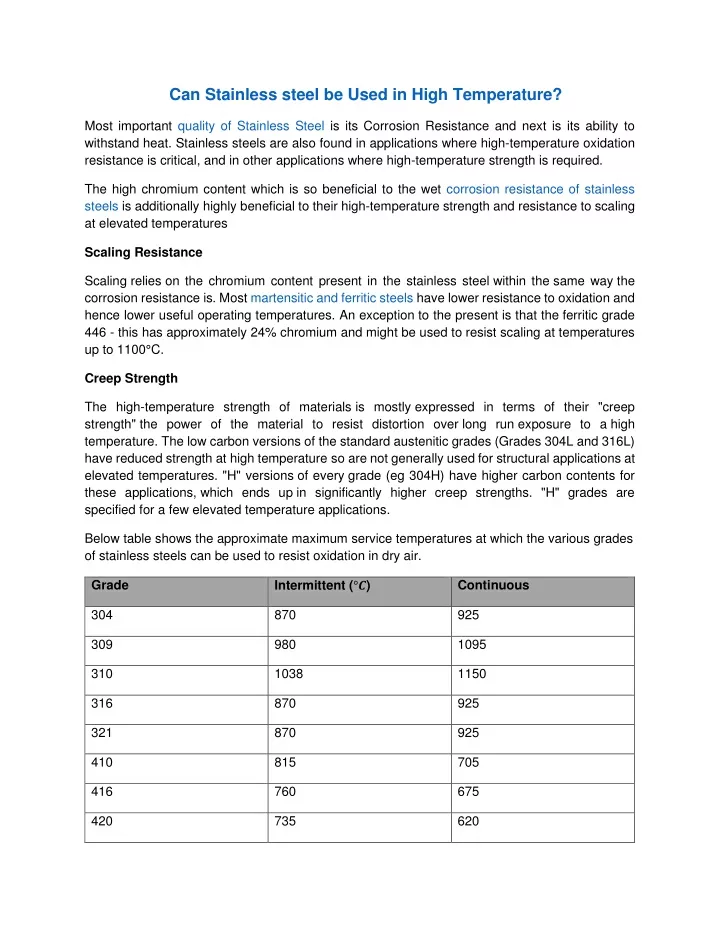 can stainless steel be used in high temperature