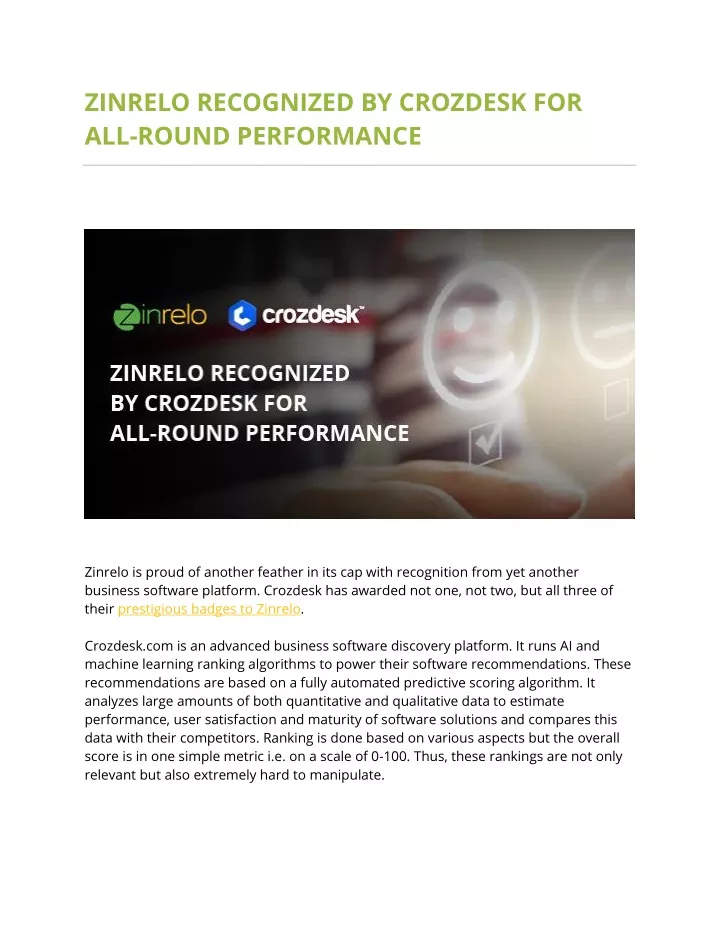 zinrelo recognized by crozdesk for all round