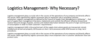 Logistics Management - why necessary?