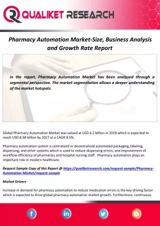 Pharmacy Automation Market Size, Growth Analysis, Future Scope and Forecast Report 2020-2027