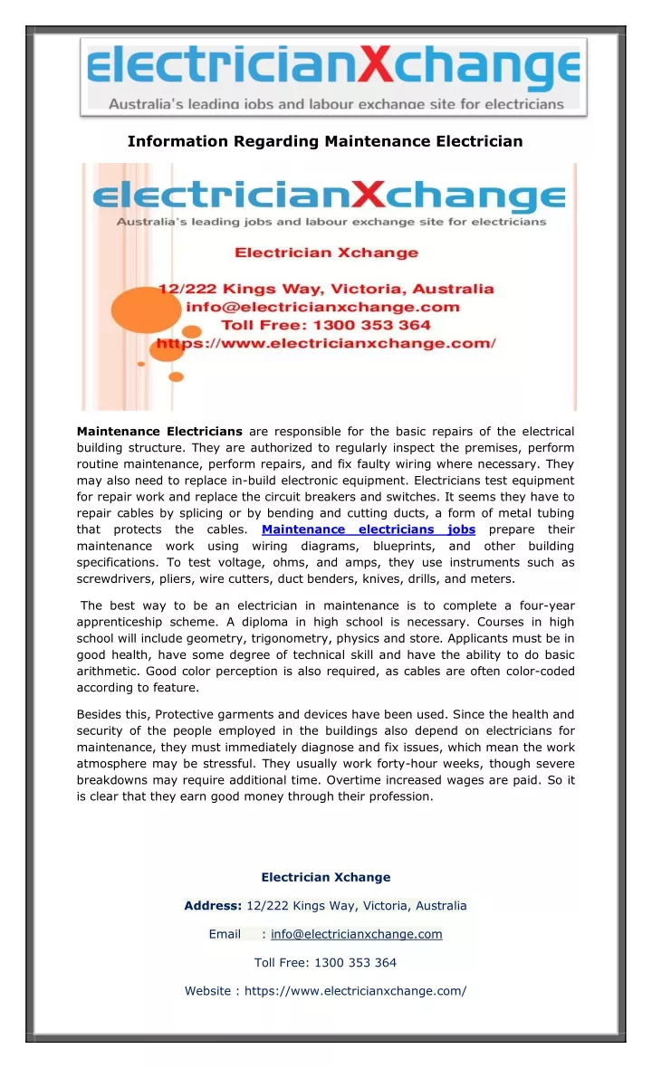 information regarding maintenance electrician