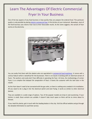 Learn The Advantages Of Electric Commercial Fryer In Your Business