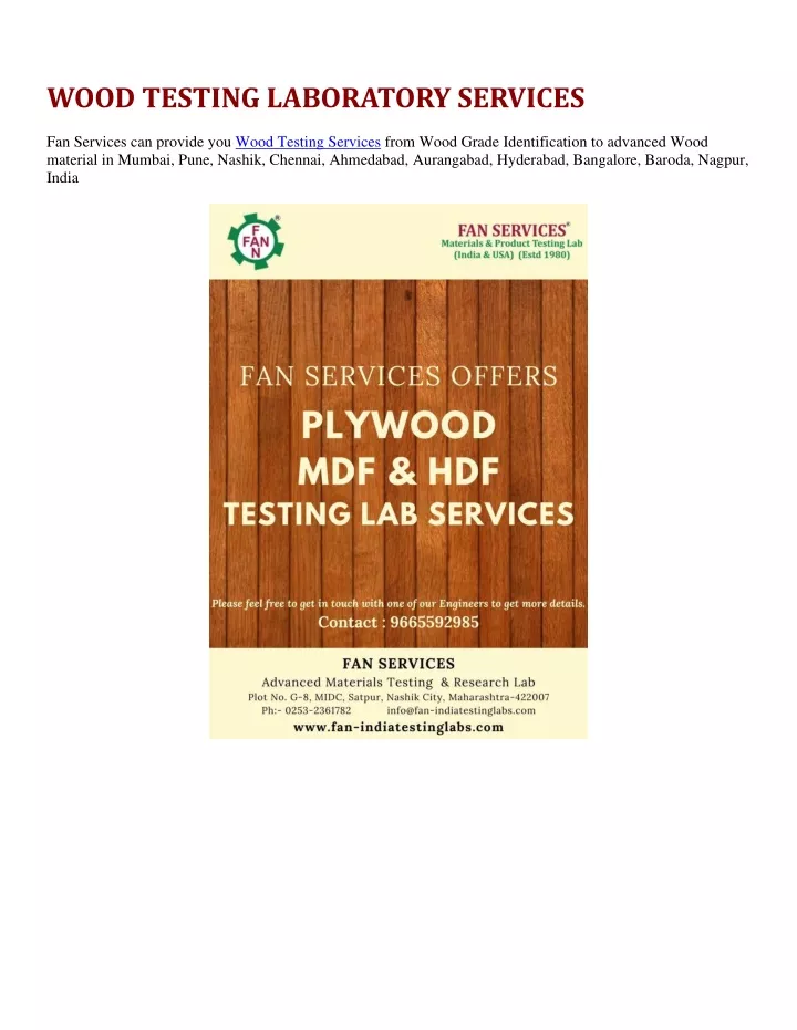 wood testing laboratory services fan services