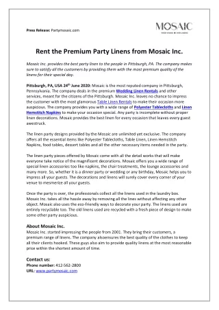 Rent the Premium Party Linens from Mosaic Inc.