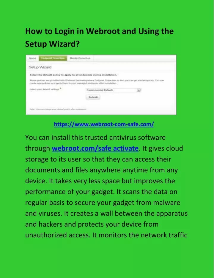 how to login in webroot and using the setup wizard