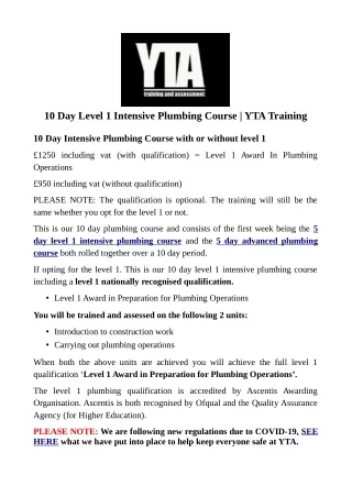 10 day level 1 intensive plumbing course