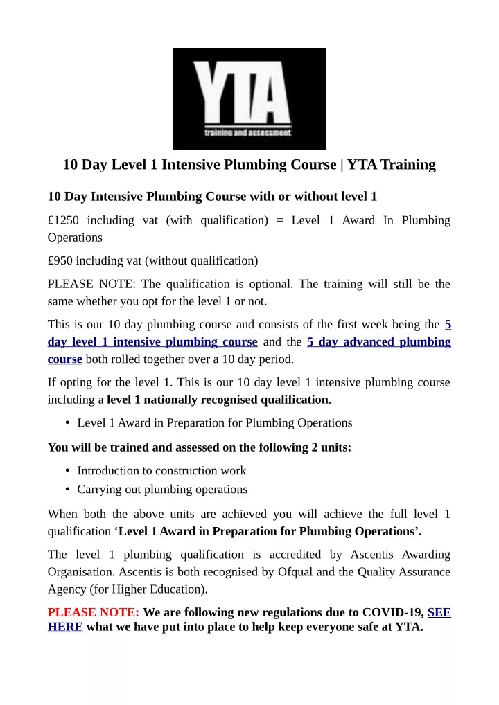 10 day level 1 intensive plumbing course