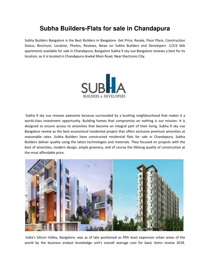 subha builders flats for sale in chandapura subha