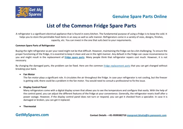 list of the common fridge spare parts