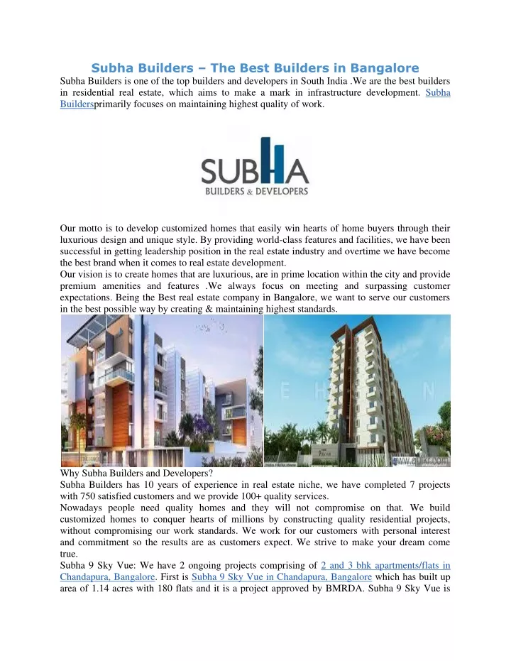 subha builders the best builders in bangalore