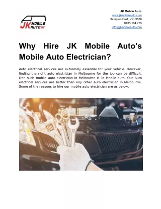 Why Hire JK Mobile Auto’s Mobile Auto Electrician?
