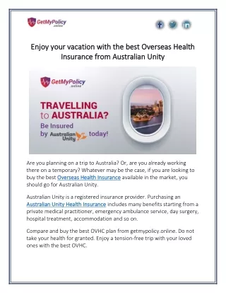 Enjoy your vacation with the best Overseas Health Insurance from Australian Unity