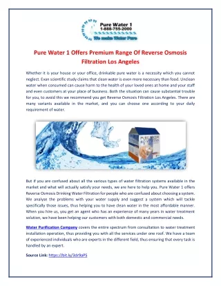 Water Purification Company Offers Premium Range of Reverse Osmosis Filtration