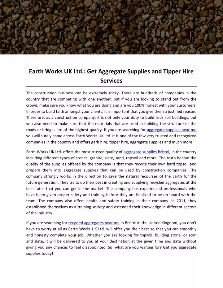 earth works uk ltd get aggregate supplies