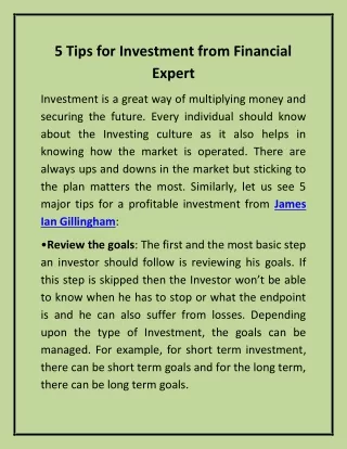 5 Tips for Investment from Financial Expert