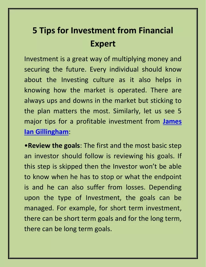 5 tips for investment from financial expert