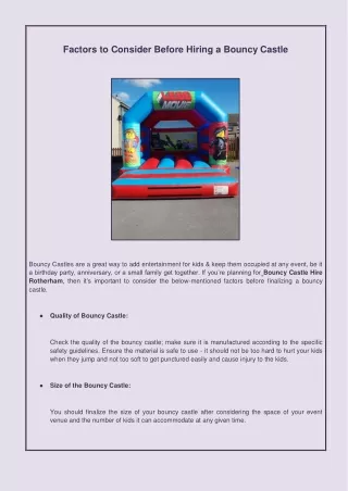Factors to Consider Before Hiring a Bouncy Castle