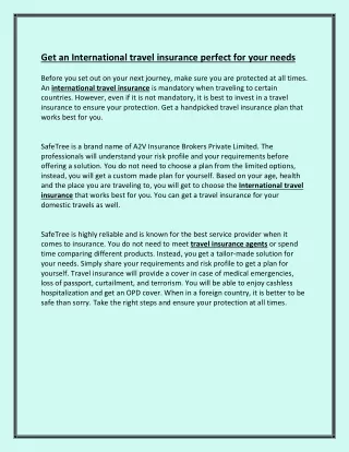 Get an International travel insurance perfect for your needs