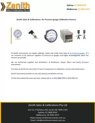 Zenith Sales & Calibrations: Air Pressure gauge Calibration Service