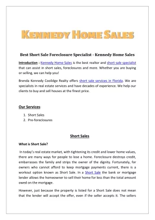 Best Short Sale Foreclosure Specialist - Kennedy Home Sales