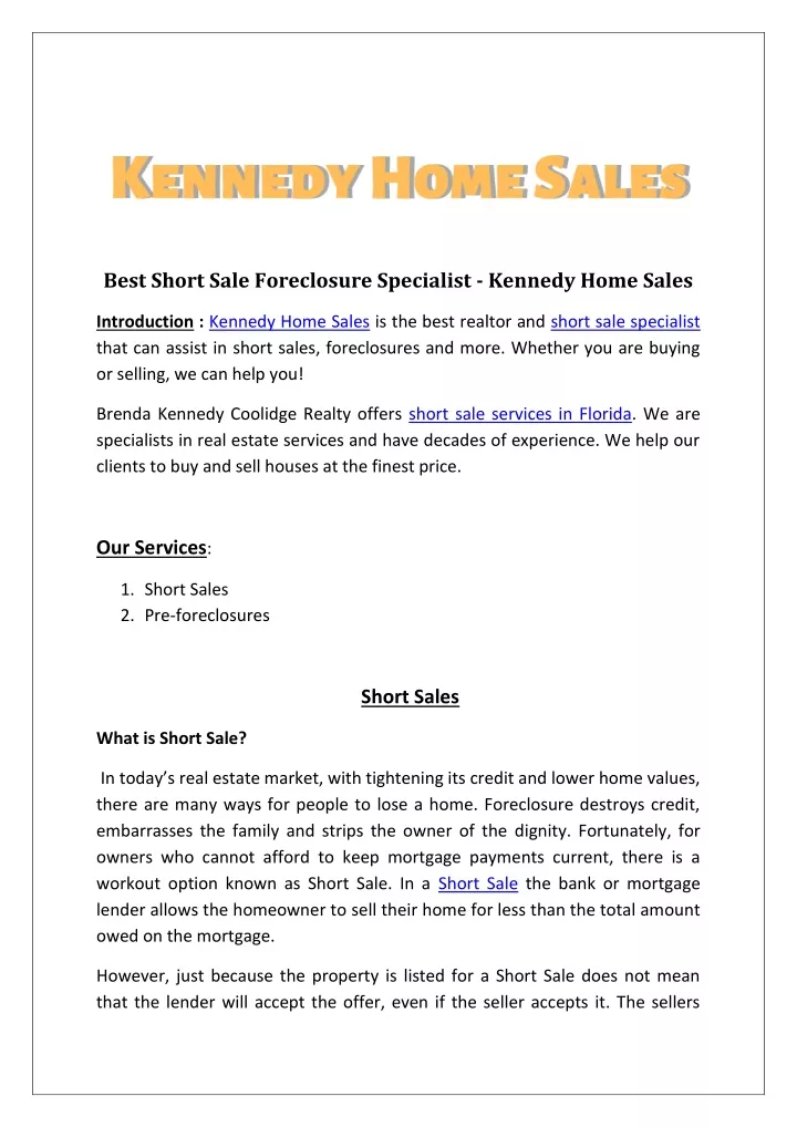 best short sale foreclosure specialist kennedy