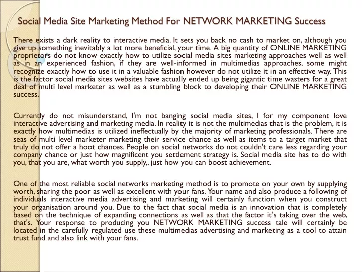 social media site marketing method for network marketing success