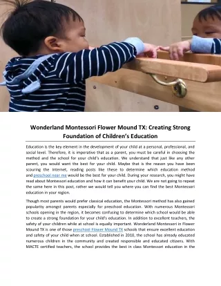 Wonderland Montessori Flower Mound TX: Creating Strong Foundation of Children’s Education