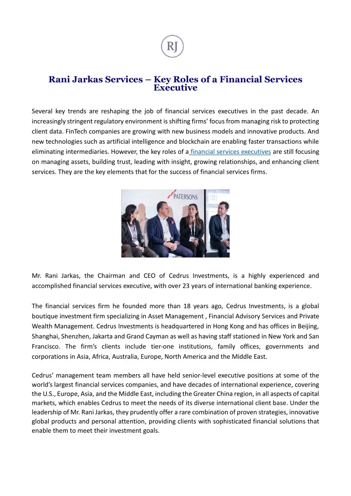 rani jarkas services key roles of a financial