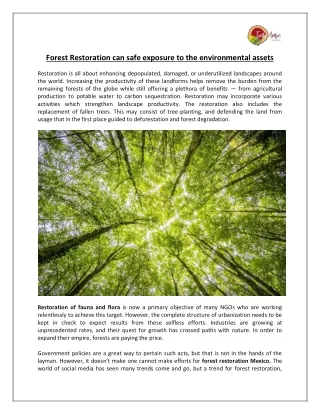 Forest Restoration can safe exposure to the environmental assets