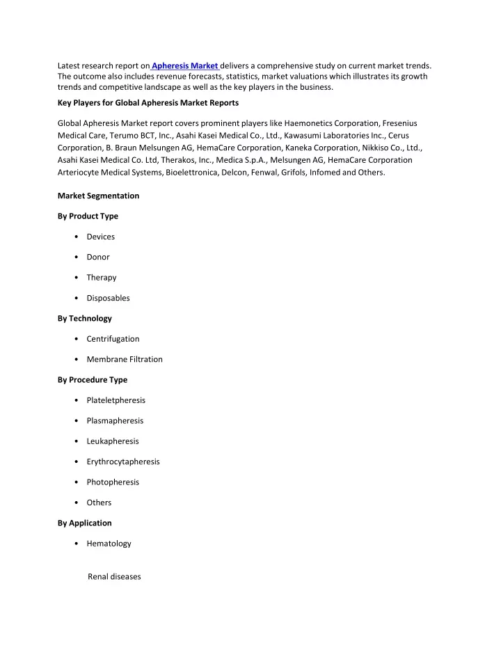 latest research report on apheresis market