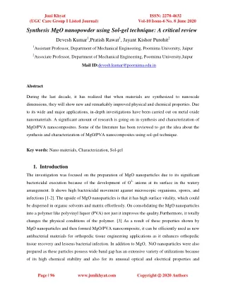 Synthesis MgO nanopowder using Sol-gel technique: A critical review