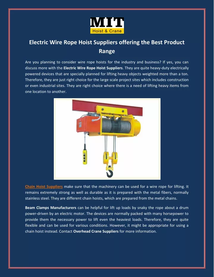 electric wire rope hoist suppliers offering