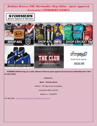 Brisbane Broncos NRL Merchandise Shop Online - Sports Apparel & Accessories | STORMERS SPORTS