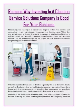 Reasons Why Investing In A Cleaning Service Solutions Company Is Good For Your Business