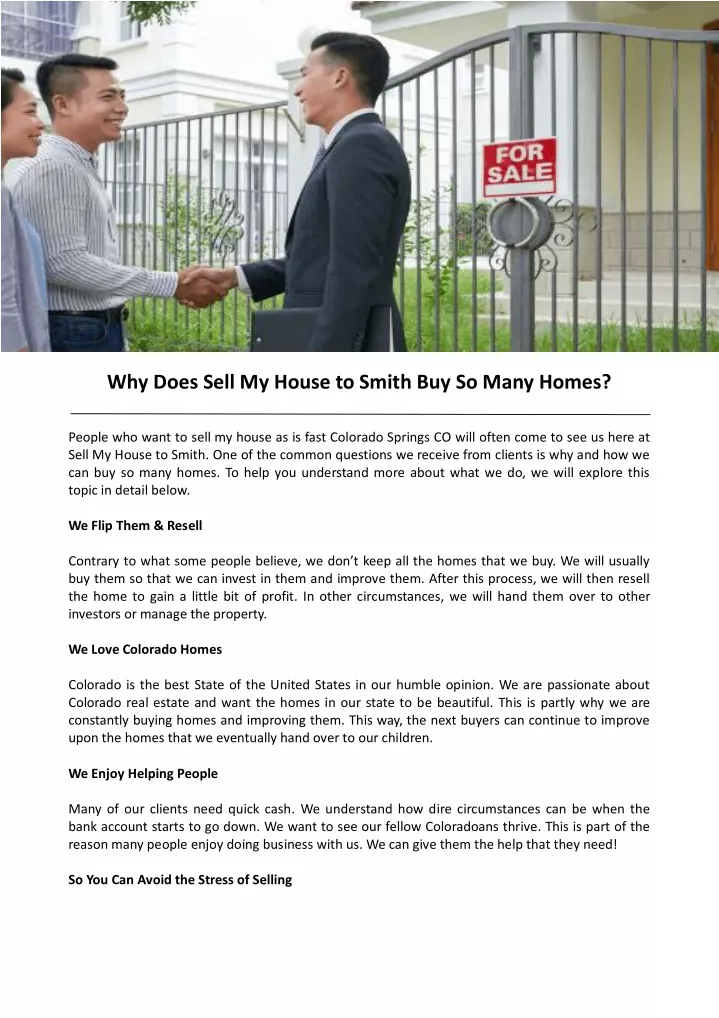 why does sell my house to smith buy so many homes