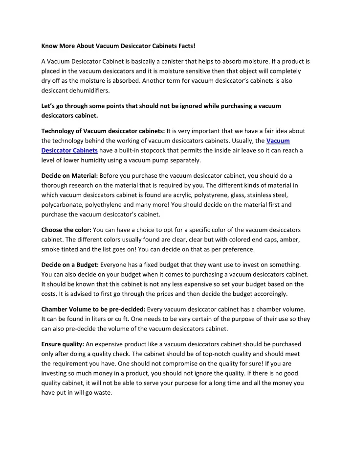 know more about vacuum desiccator cabinets facts