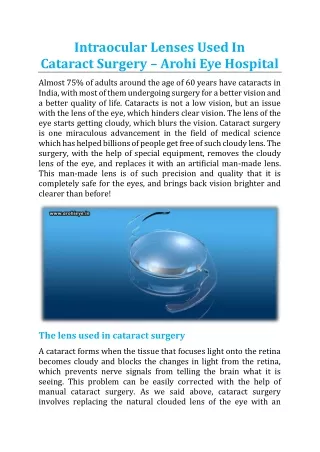 Intraocular Lenses Used In Cataract Surgery - Arohi Eye Hospital