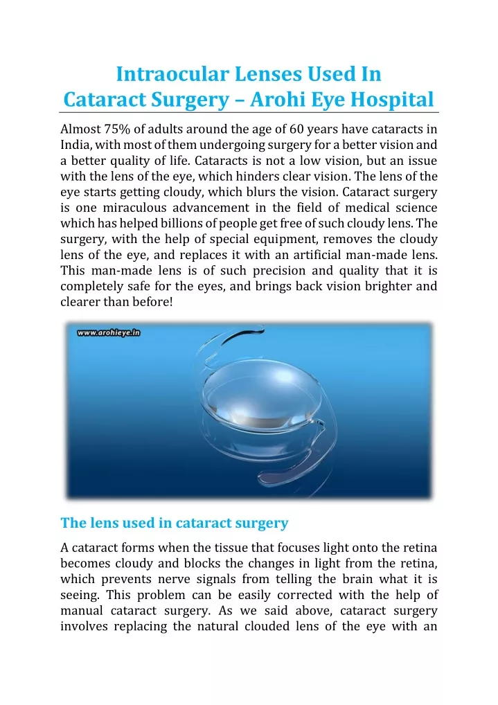 intraocular lenses used in cataract surgery arohi