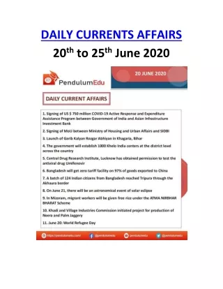 daily currents affairs 20 th to 25 th june 2020