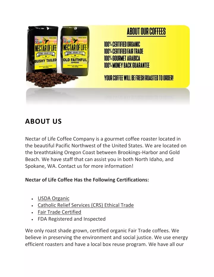 about us nectar of life coffee company