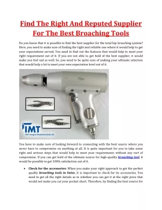 IMT Medical Reputed Supplier Of Best Broaching Tools