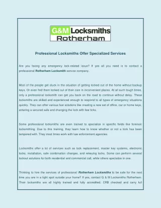 Professional Locksmiths Offer Specialized Services
